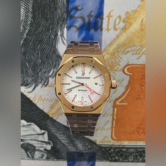 Men’s Luxury Automatic Stainless Steel Watch Rose Gold White Textured Dial 41mm - Picture 2 of 5